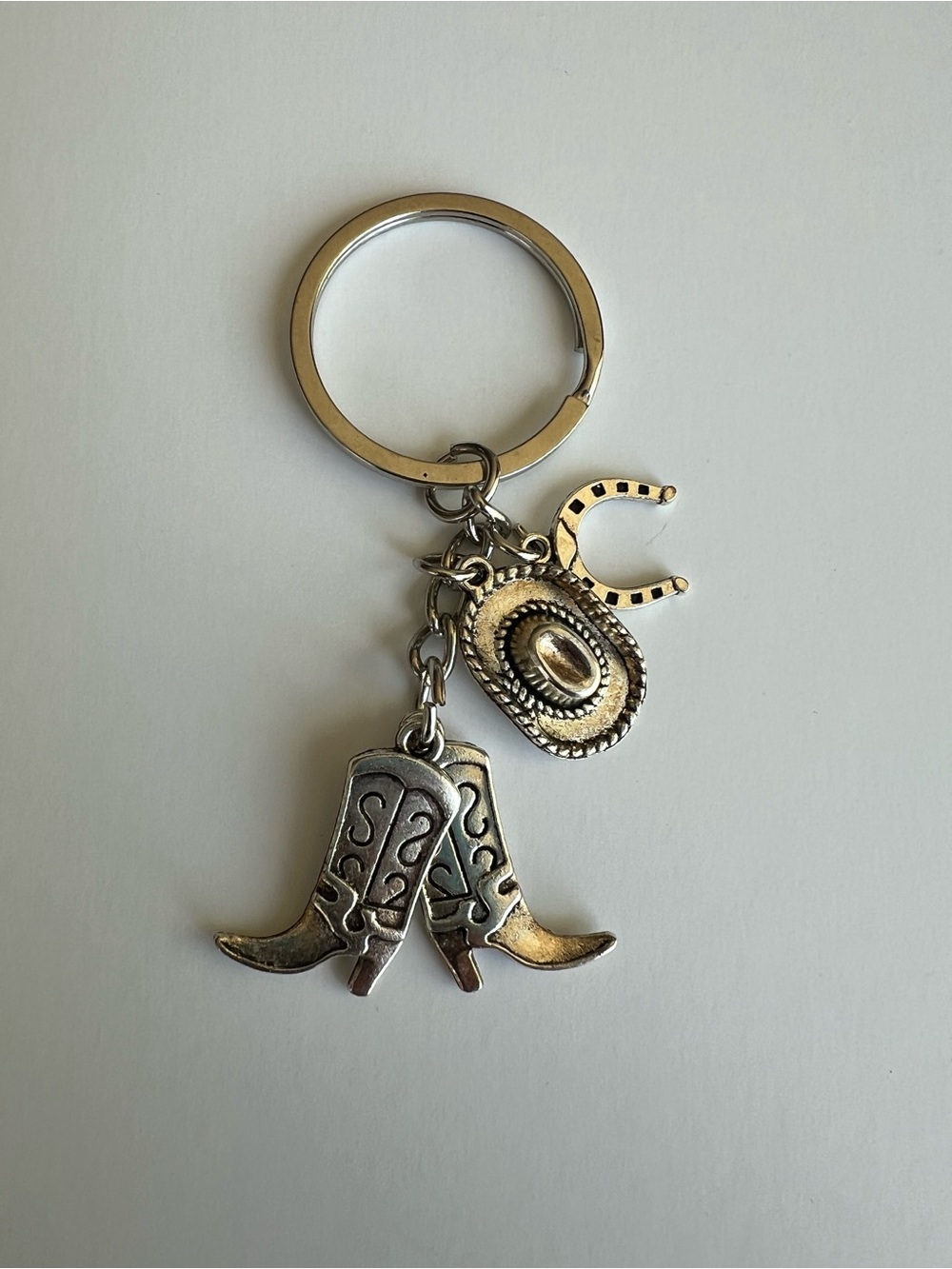 Western Cowboy Boots & Hat Keychain in Metallic Gold/Silver